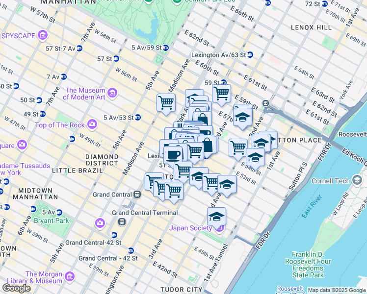 map of restaurants, bars, coffee shops, grocery stores, and more near 610 Lexington Avenue in New York
