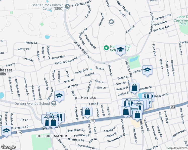map of restaurants, bars, coffee shops, grocery stores, and more near 8 Center Drive in New Hyde Park