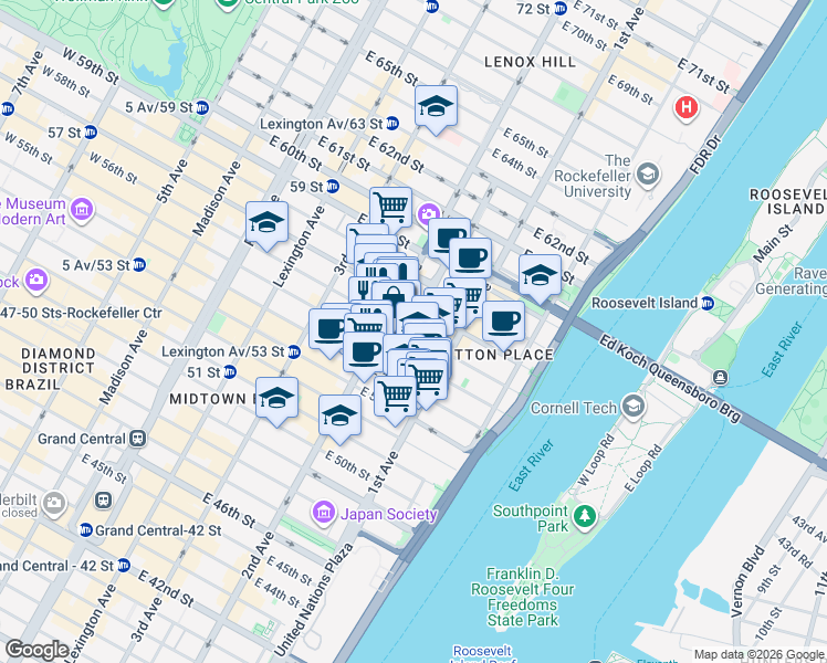 map of restaurants, bars, coffee shops, grocery stores, and more near 305 East 55th Street in New York