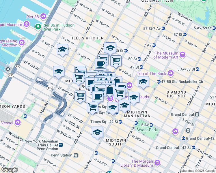 map of restaurants, bars, coffee shops, grocery stores, and more near 300 West 44th Street in New York