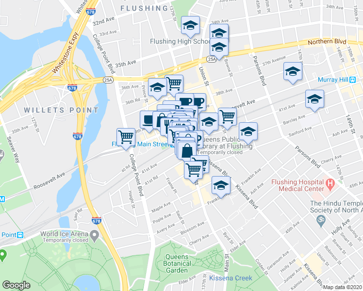 map of restaurants, bars, coffee shops, grocery stores, and more near 135-24 40th Road in Queens
