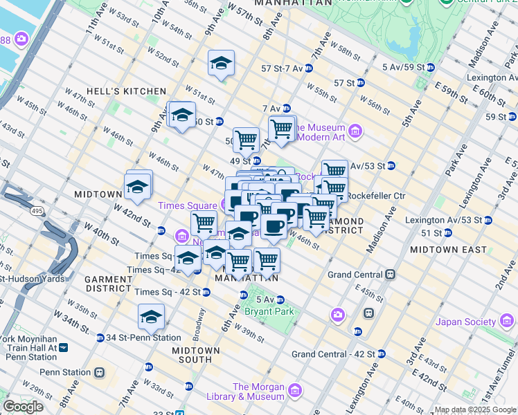 map of restaurants, bars, coffee shops, grocery stores, and more near 145 West 46th Street in New York