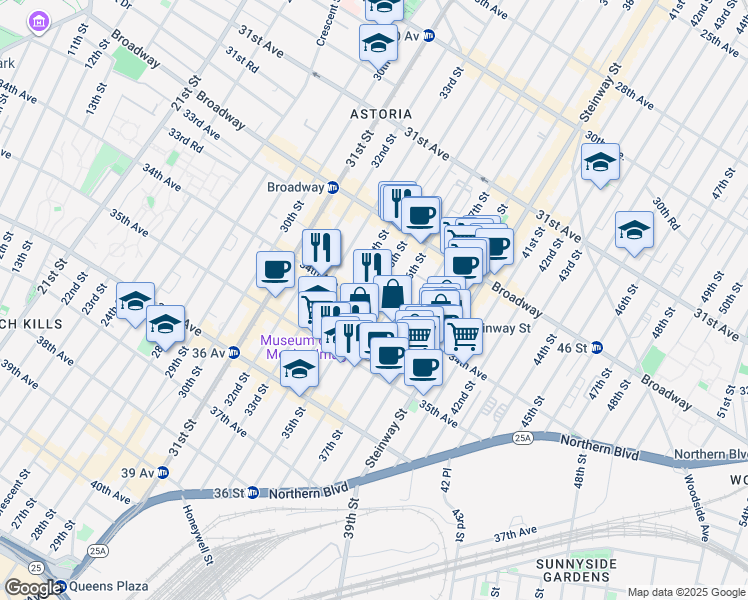 map of restaurants, bars, coffee shops, grocery stores, and more near 32-85 35th Street in Queens