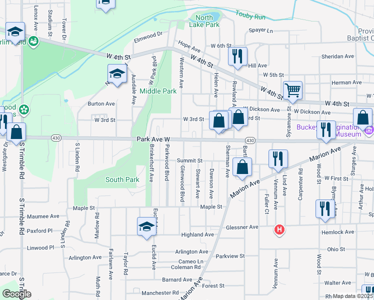 map of restaurants, bars, coffee shops, grocery stores, and more near 21 Glenwood Boulevard in Mansfield