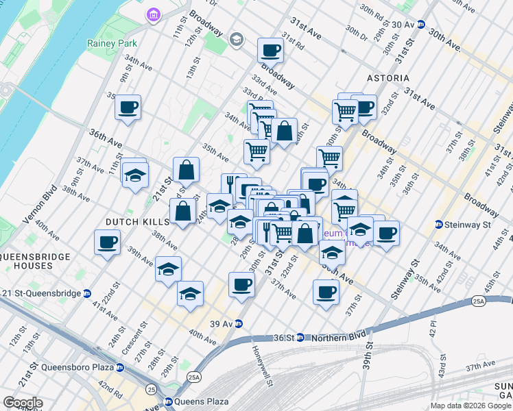 map of restaurants, bars, coffee shops, grocery stores, and more near 3550 28th Street in Queens