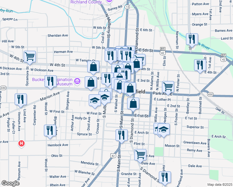 map of restaurants, bars, coffee shops, grocery stores, and more near 9 South Walnut Street in Mansfield