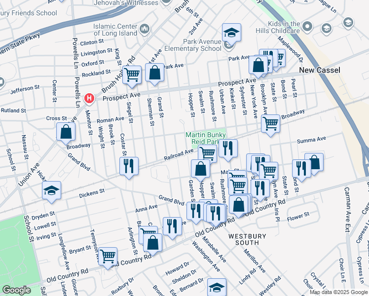 map of restaurants, bars, coffee shops, grocery stores, and more near 135 Garden Street in Westbury