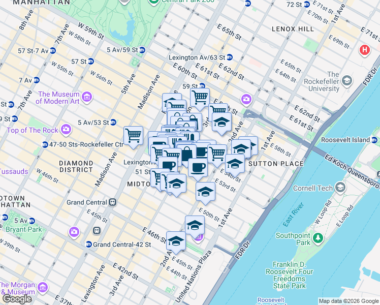 map of restaurants, bars, coffee shops, grocery stores, and more near East 54th Street in New York