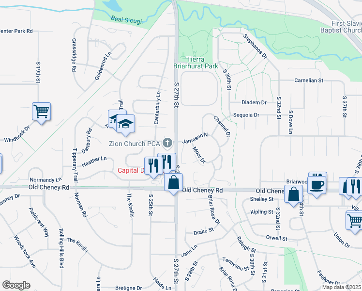 map of restaurants, bars, coffee shops, grocery stores, and more near 5501 Warwick Court in Lincoln