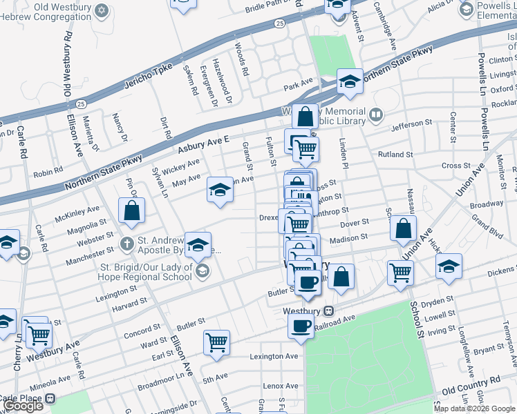 map of restaurants, bars, coffee shops, grocery stores, and more near 198 Belmont Avenue in Westbury