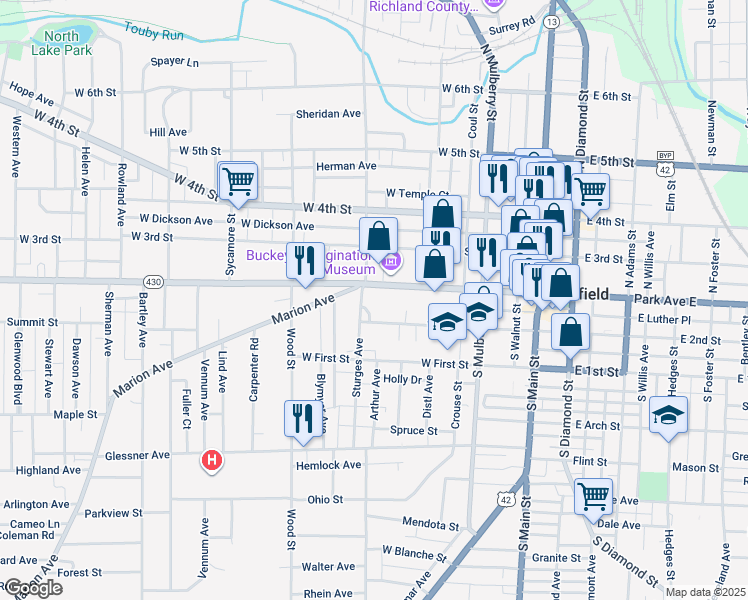 map of restaurants, bars, coffee shops, grocery stores, and more near 186 E 2nd St in Mansfield