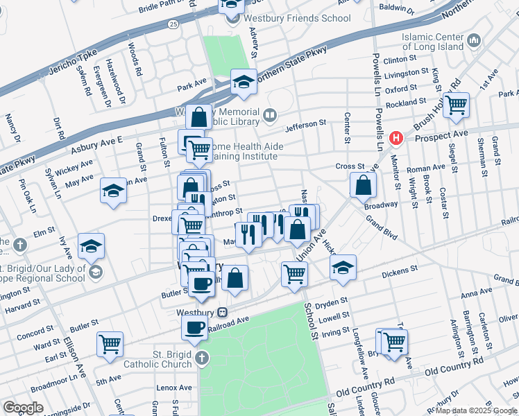 map of restaurants, bars, coffee shops, grocery stores, and more near 430 Winthrop Street in Westbury