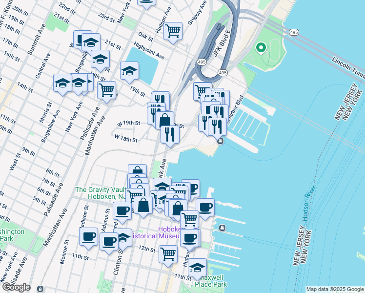 map of restaurants, bars, coffee shops, grocery stores, and more near 1525 Harbor Boulevard in Weehawken