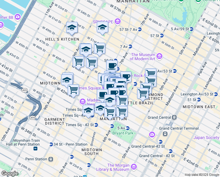 map of restaurants, bars, coffee shops, grocery stores, and more near 1550 Broadway in New York