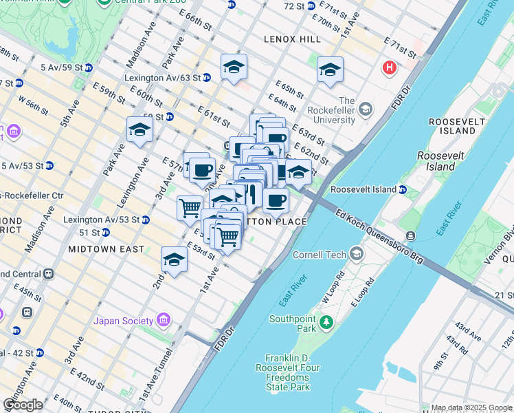 map of restaurants, bars, coffee shops, grocery stores, and more near 431 East 57th Street in New York