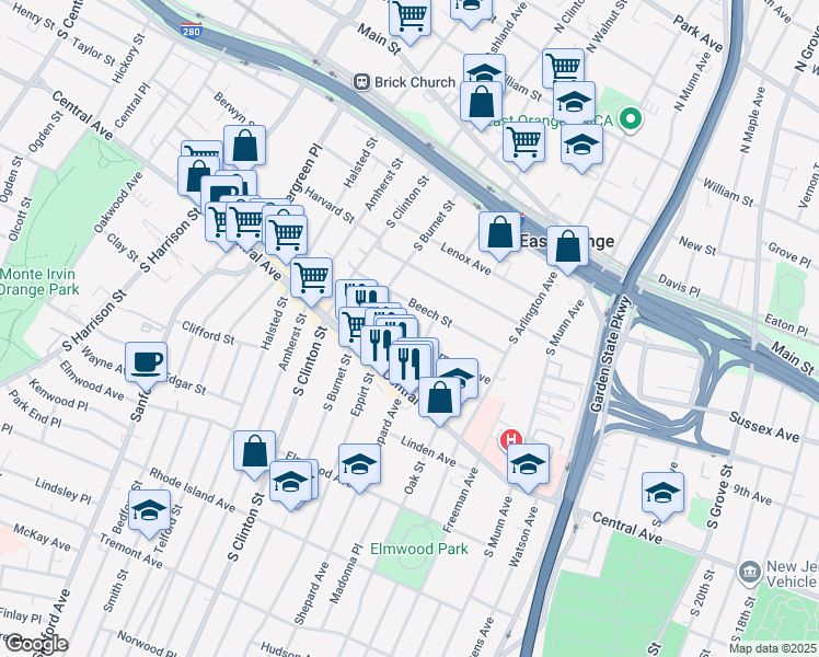 map of restaurants, bars, coffee shops, grocery stores, and more near 75 Carnegie Avenue in East Orange