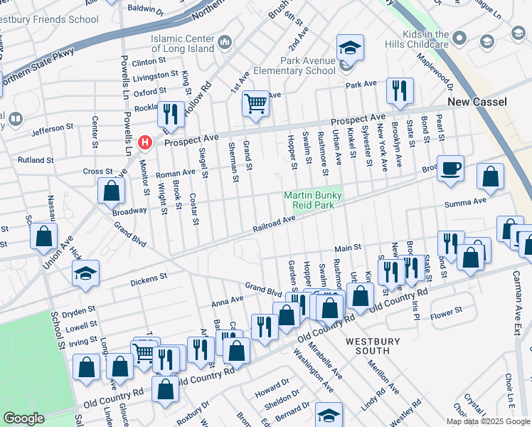 map of restaurants, bars, coffee shops, grocery stores, and more near 135 Garden Street in Westbury