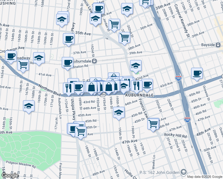map of restaurants, bars, coffee shops, grocery stores, and more near 19302 Northern Boulevard in Queens