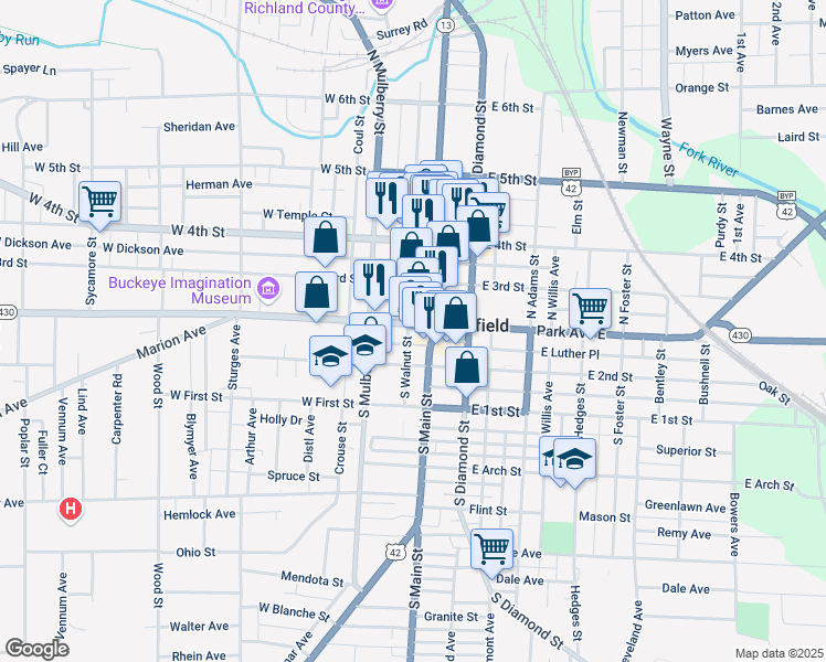 map of restaurants, bars, coffee shops, grocery stores, and more near 9 South Walnut Street in Mansfield