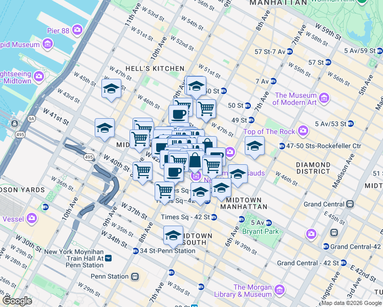 map of restaurants, bars, coffee shops, grocery stores, and more near 696 8th Avenue in New York