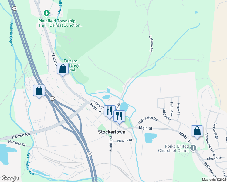 map of restaurants, bars, coffee shops, grocery stores, and more near 210 Lefevre Road in Easton