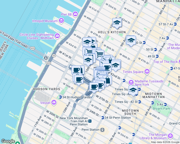 map of restaurants, bars, coffee shops, grocery stores, and more near 440 West 41st Street in New York