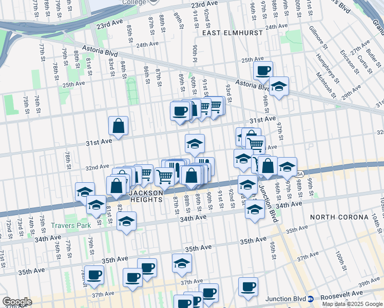 map of restaurants, bars, coffee shops, grocery stores, and more near 88-10 32nd Avenue in Queens
