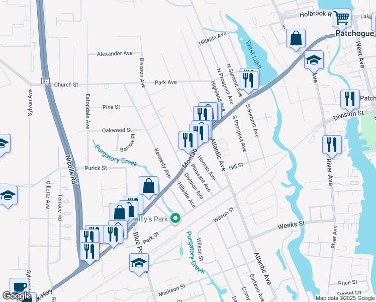 map of restaurants, bars, coffee shops, grocery stores, and more near 145 Montauk Highway in Blue Point