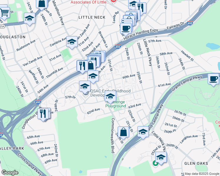 map of restaurants, bars, coffee shops, grocery stores, and more near 60-21 Marathon Parkway in Queens