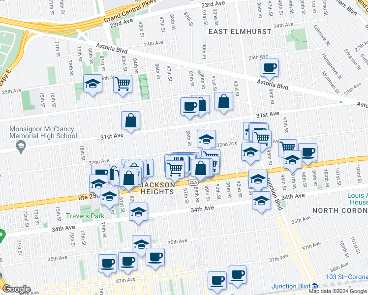 map of restaurants, bars, coffee shops, grocery stores, and more near 87-09 32nd Avenue in Queens