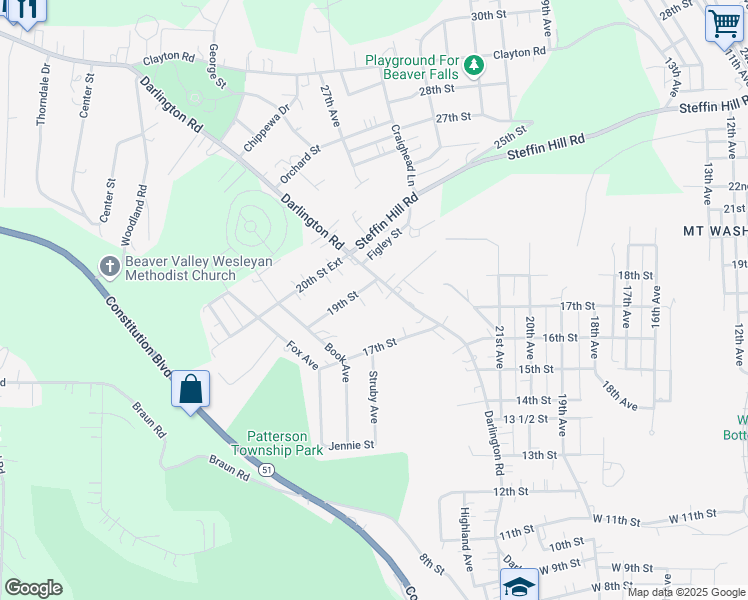 map of restaurants, bars, coffee shops, grocery stores, and more near 2603 19th Street in Beaver Falls
