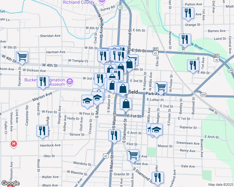 map of restaurants, bars, coffee shops, grocery stores, and more near in Mansfield