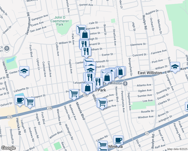 map of restaurants, bars, coffee shops, grocery stores, and more near in Williston Park