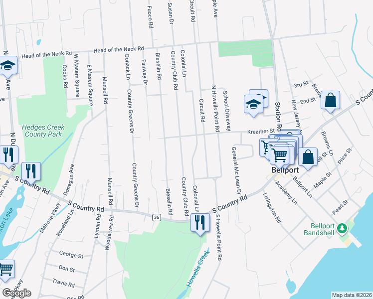 map of restaurants, bars, coffee shops, grocery stores, and more near 37 Country Club Road in Bellport