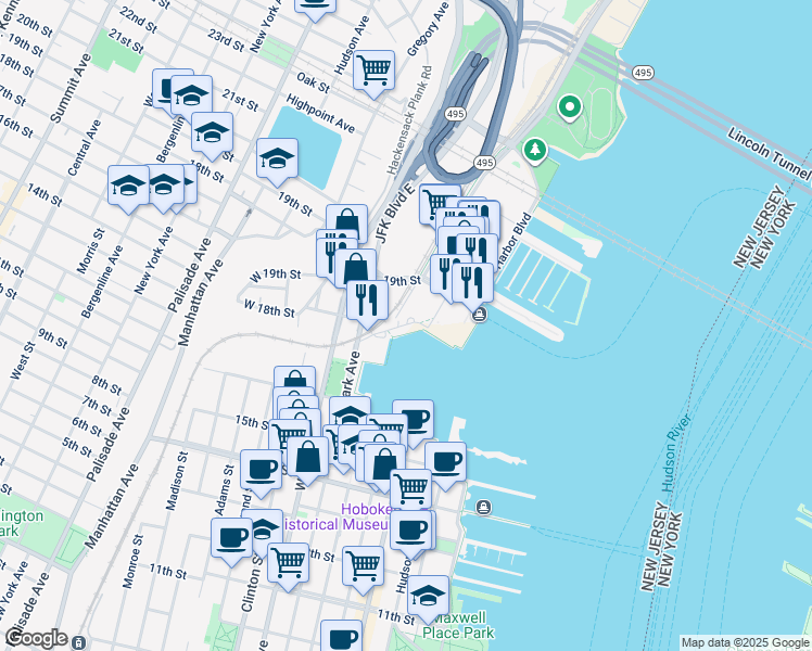 map of restaurants, bars, coffee shops, grocery stores, and more near 1415 Harbor Boulevard in Weehawken