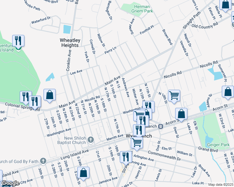 map of restaurants, bars, coffee shops, grocery stores, and more near 71 North 16th Street in Wheatley Heights