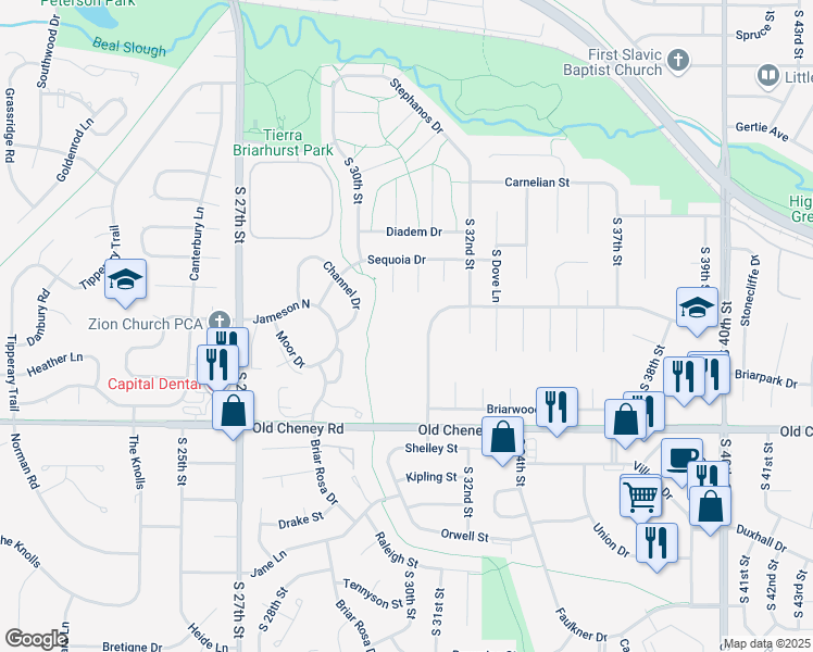 map of restaurants, bars, coffee shops, grocery stores, and more near 5505 South 31st Street in Lincoln