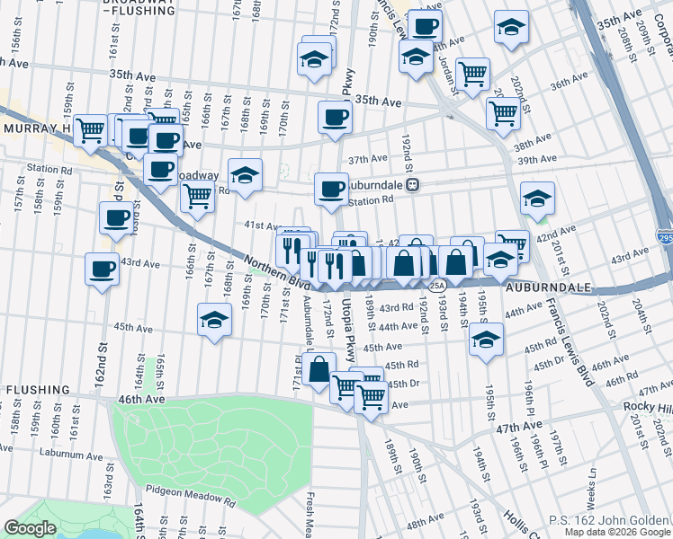 map of restaurants, bars, coffee shops, grocery stores, and more near 42-31 172nd Street in Queens