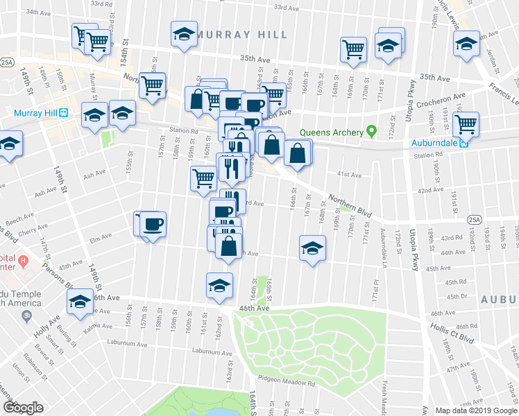 map of restaurants, bars, coffee shops, grocery stores, and more near 43-21 163rd Street in Queens