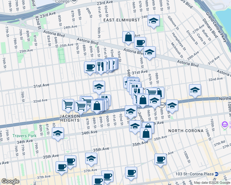 map of restaurants, bars, coffee shops, grocery stores, and more near 91-10 32nd Avenue in Queens