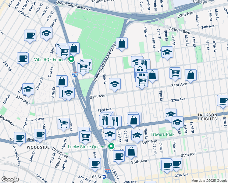 map of restaurants, bars, coffee shops, grocery stores, and more near 71-06 31st Avenue in Queens