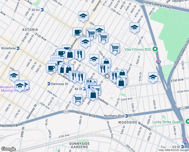 map of restaurants, bars, coffee shops, grocery stores, and more near 31-32 47th Street in Queens