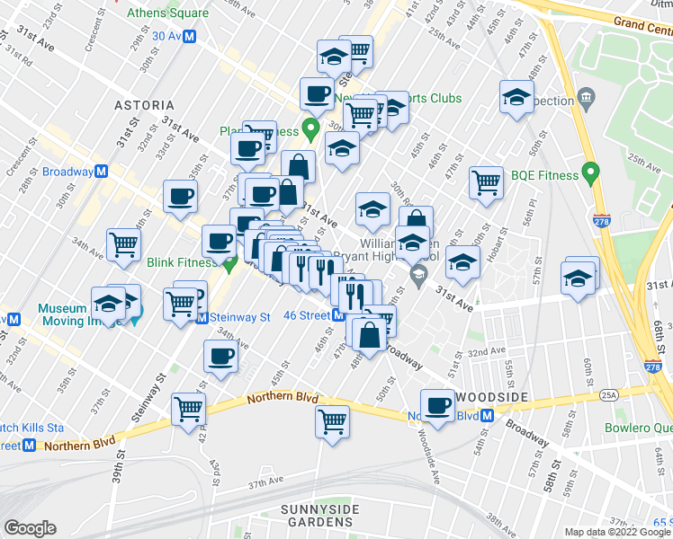 map of restaurants, bars, coffee shops, grocery stores, and more near 31-53 45th Street in Queens