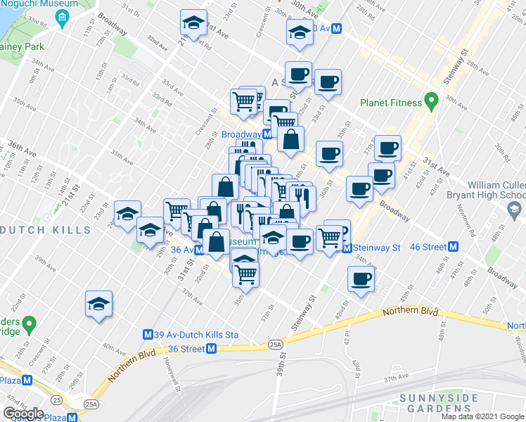 map of restaurants, bars, coffee shops, grocery stores, and more near 34-29 33rd Street in Queens