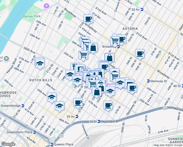 map of restaurants, bars, coffee shops, grocery stores, and more near 35-33 29th Street in Queens