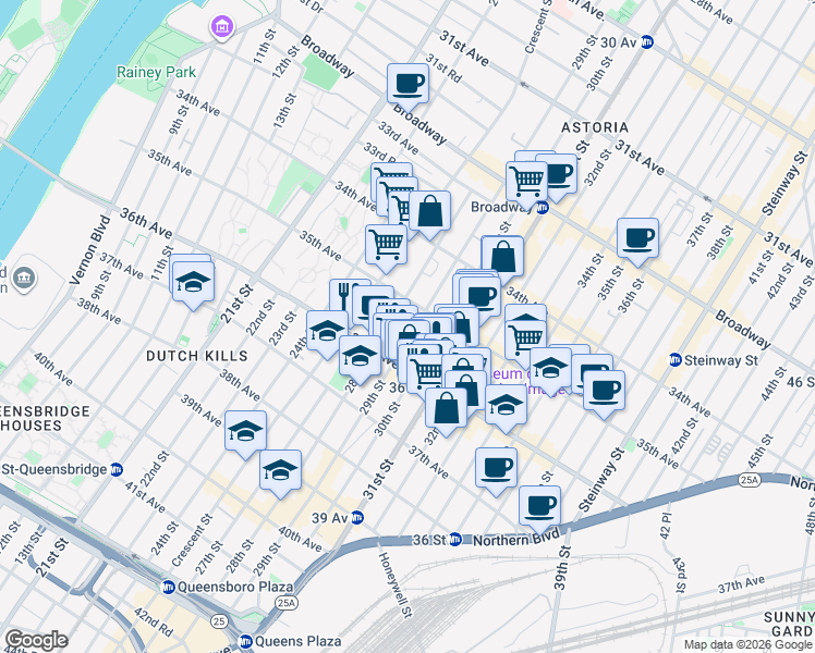 map of restaurants, bars, coffee shops, grocery stores, and more near 35-33 29th Street in Queens