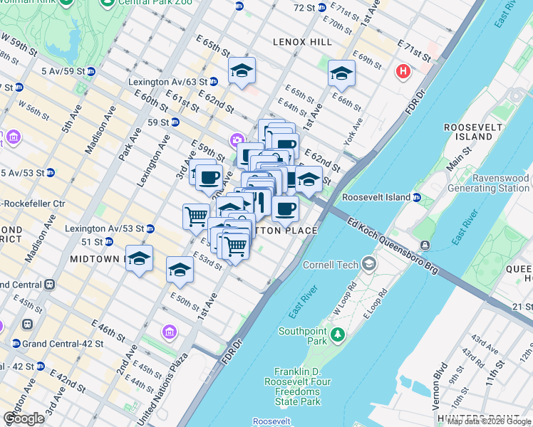 map of restaurants, bars, coffee shops, grocery stores, and more near 431 East 57th Street in New York