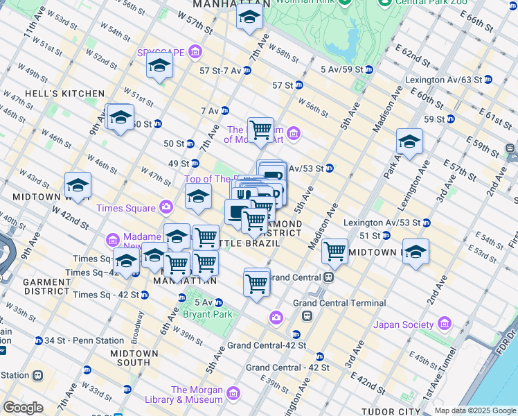 map of restaurants, bars, coffee shops, grocery stores, and more near 38w West 48th Street in New York