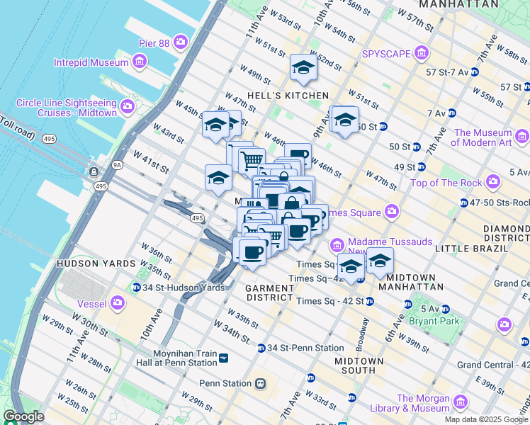 map of restaurants, bars, coffee shops, grocery stores, and more near 403 West 41st Street in New York