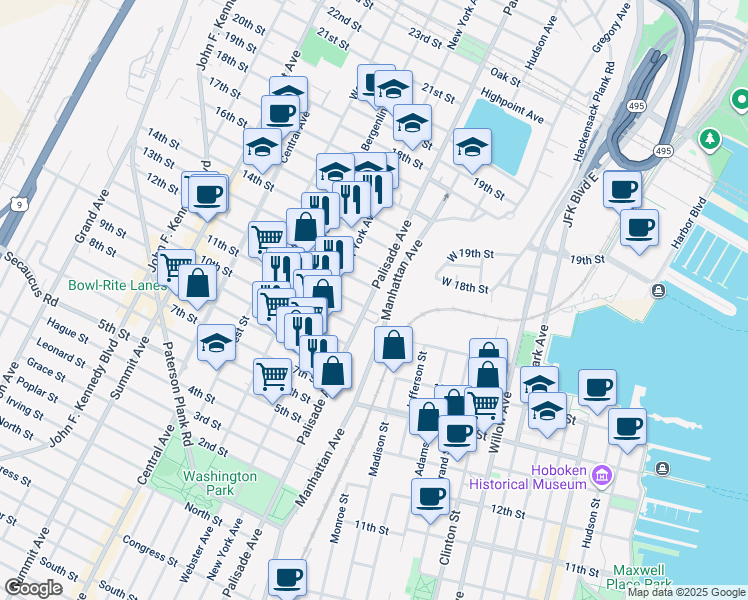 map of restaurants, bars, coffee shops, grocery stores, and more near 1009 Palisade Avenue in Union City